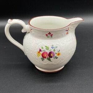 Antique Embossed Floral Creamer Pitcher Unmarked Red Rim 4" Hand Painted England